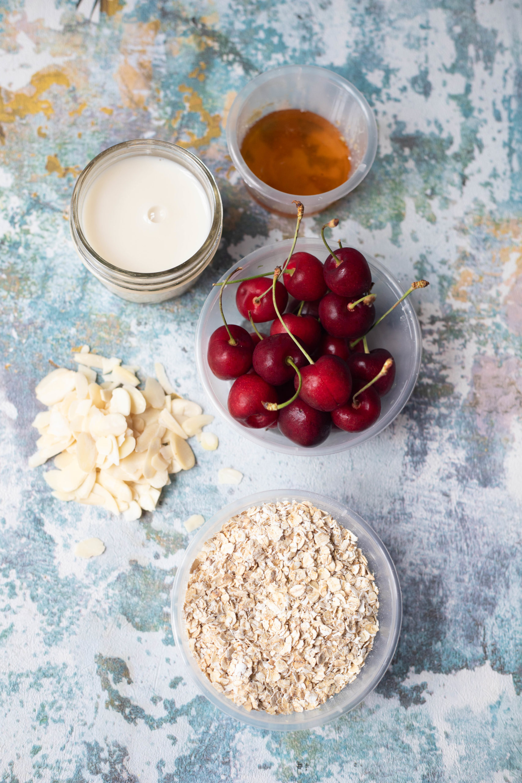 Ingredients for bakewell Cherry Oats muffins