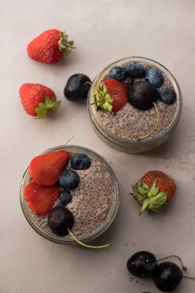 2 Serves of Chocolate Chia Seed Pudding topped  with berries