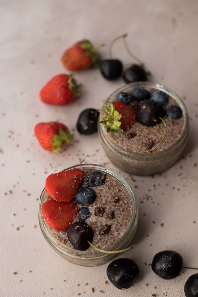 2 Serves of Chocolate Chia Seed Pudding topped  with berries