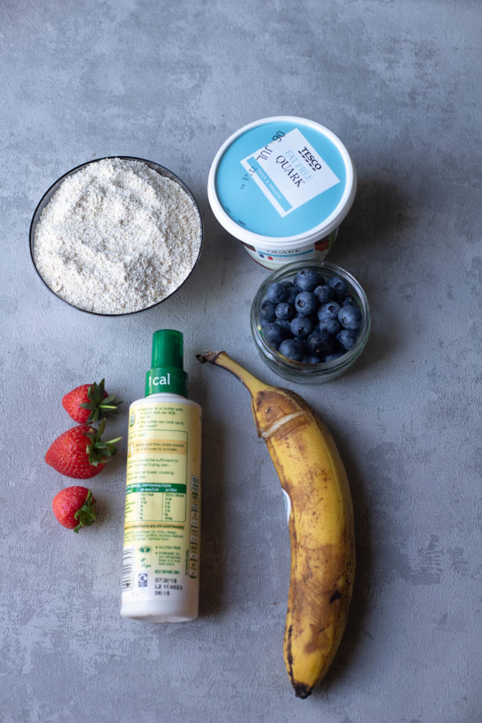 ingredients for banana blueberry pancakes