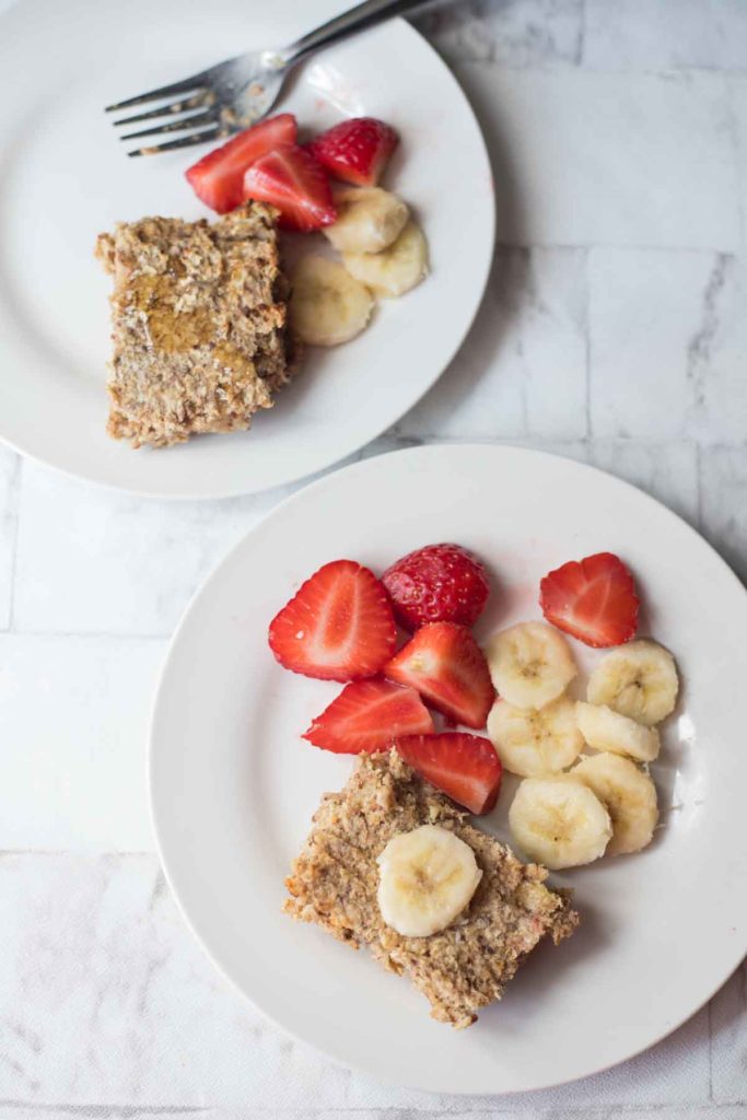 2 servings of peanut butter banana baked oatmeal with bananas and strawberries