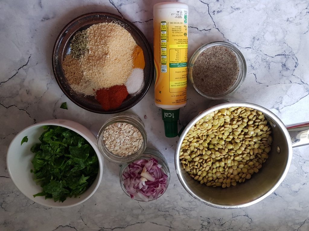 Ingredients for vegan spinach lentil meatballs recipe