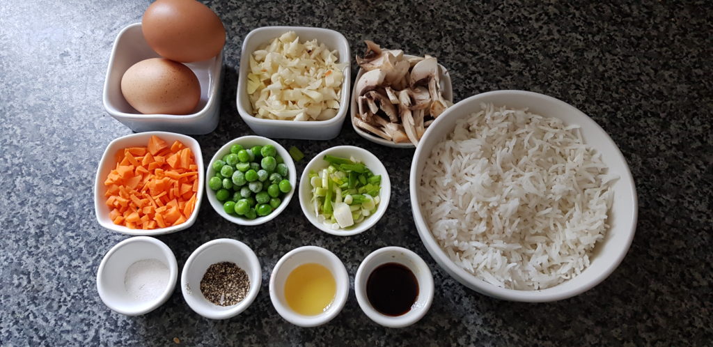 ingredients for healthy fried rice - rice,vegetables, salt, pepper, oil,soy sauce