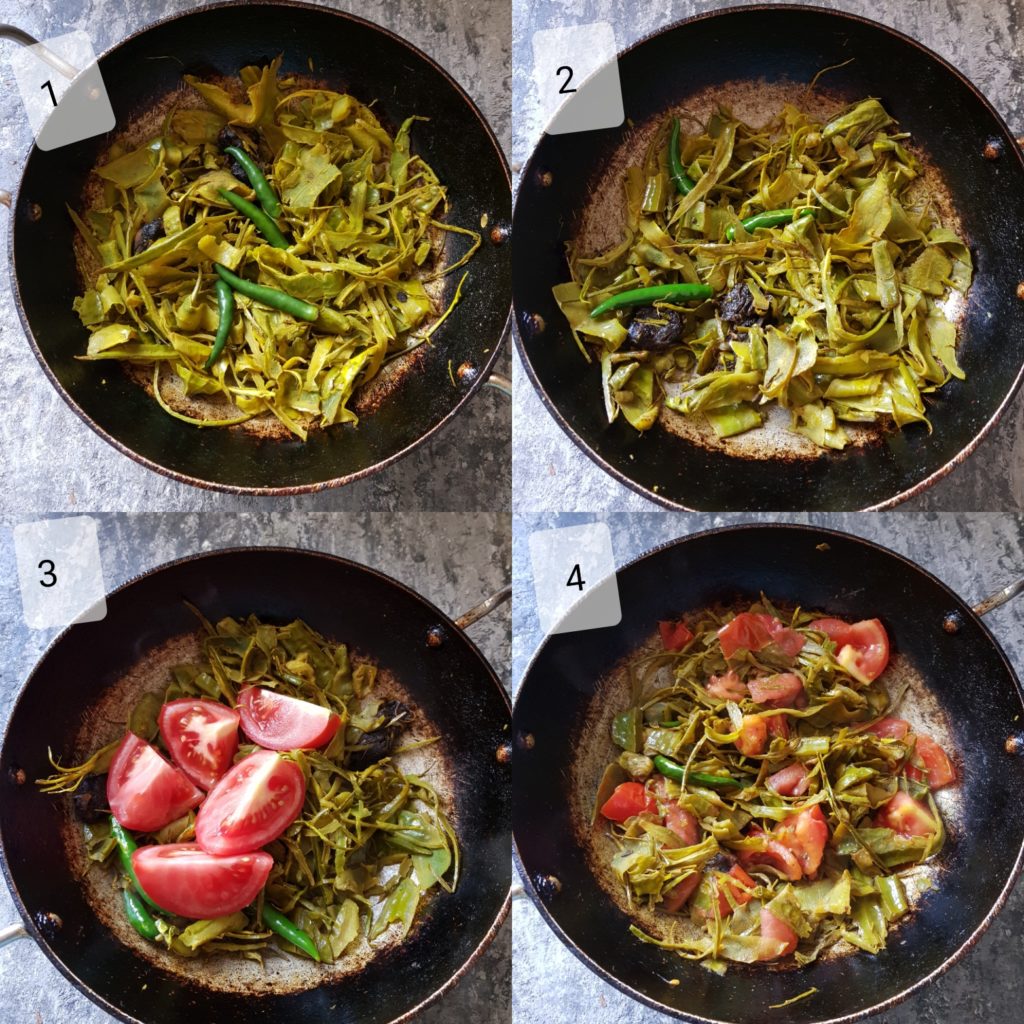 step by step picture for sauteeing ridge gourd peels, tomatoes