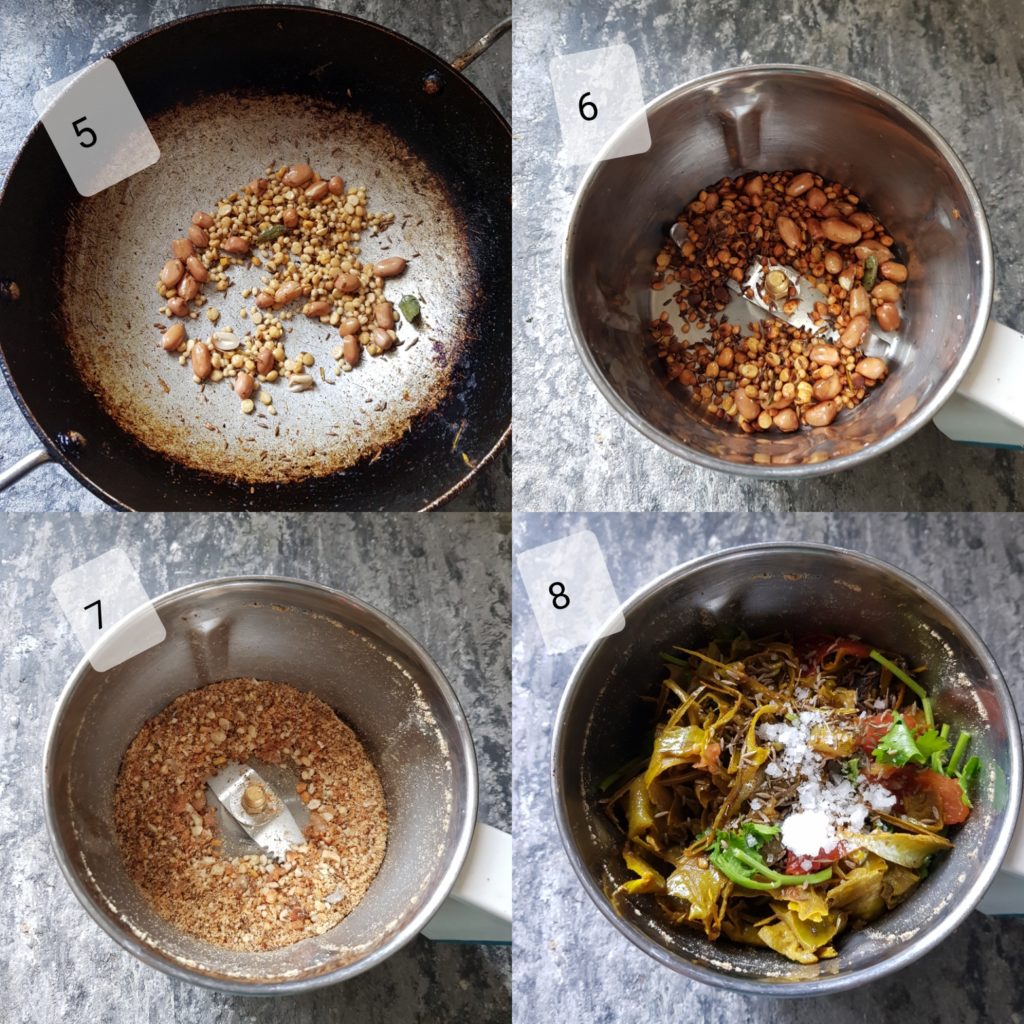 step by step picture for roasting groundnuts channa dal, urad dal, adding  cooked ridge gourd peel to mixer jar