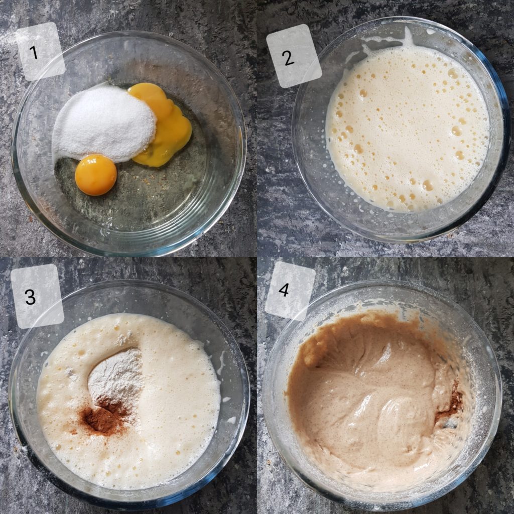 a series of steps showing preparing batter for apple muffins