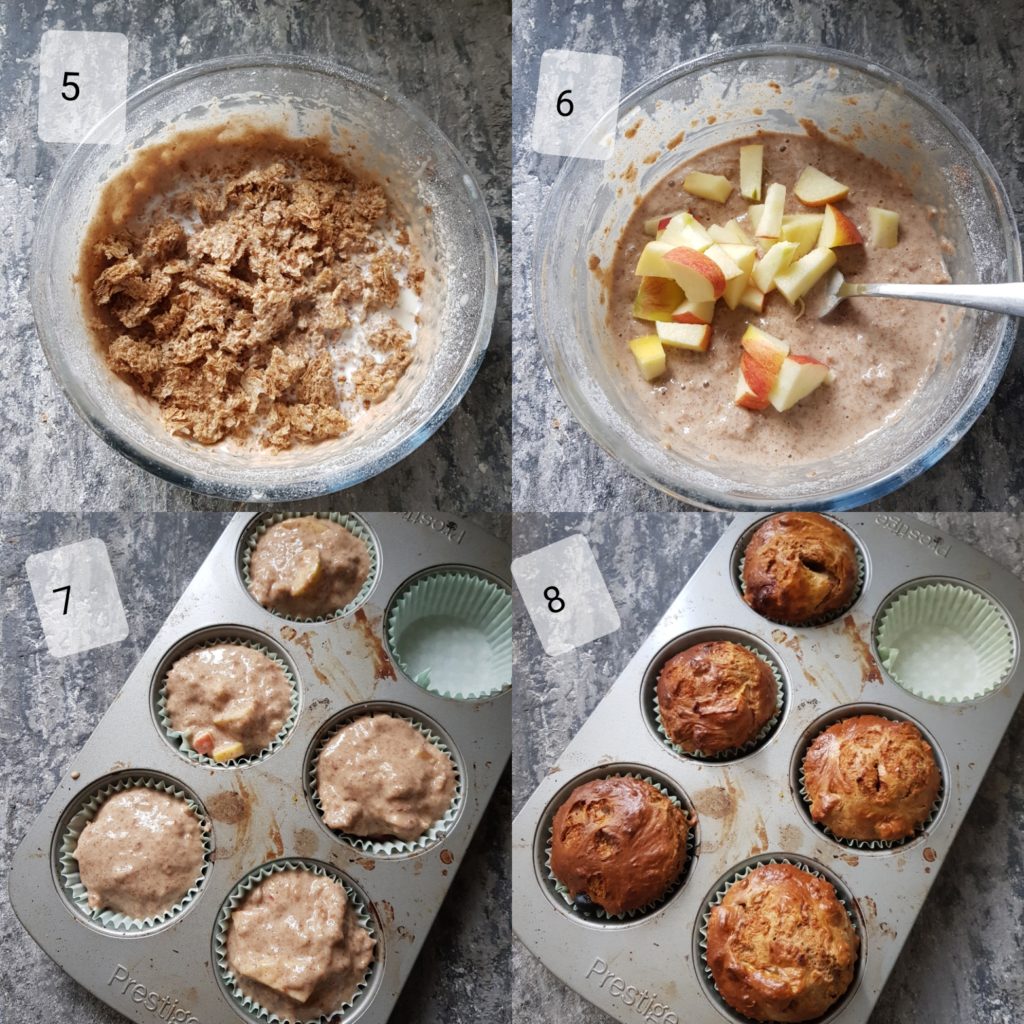 a series of steps showing making apple muffins batter