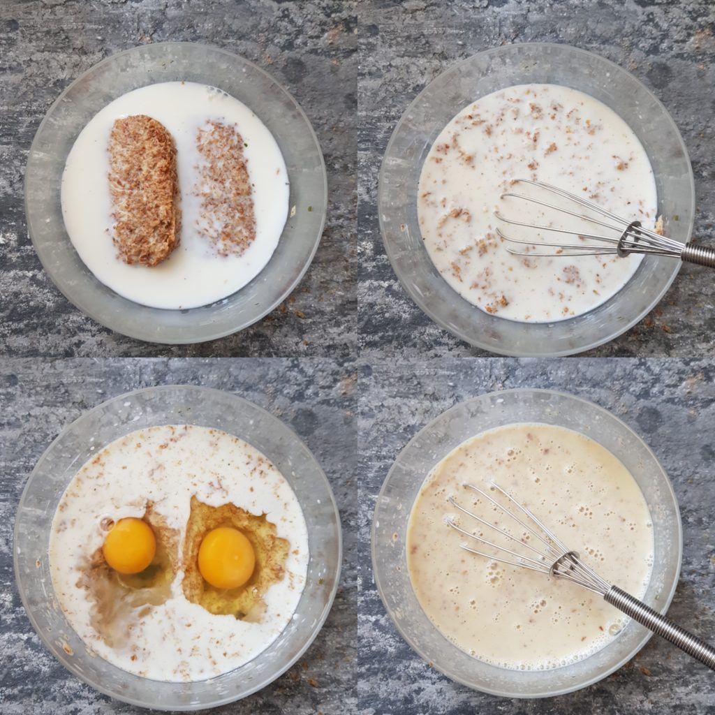 weetabix, milk, eggs in a bowl with whisker