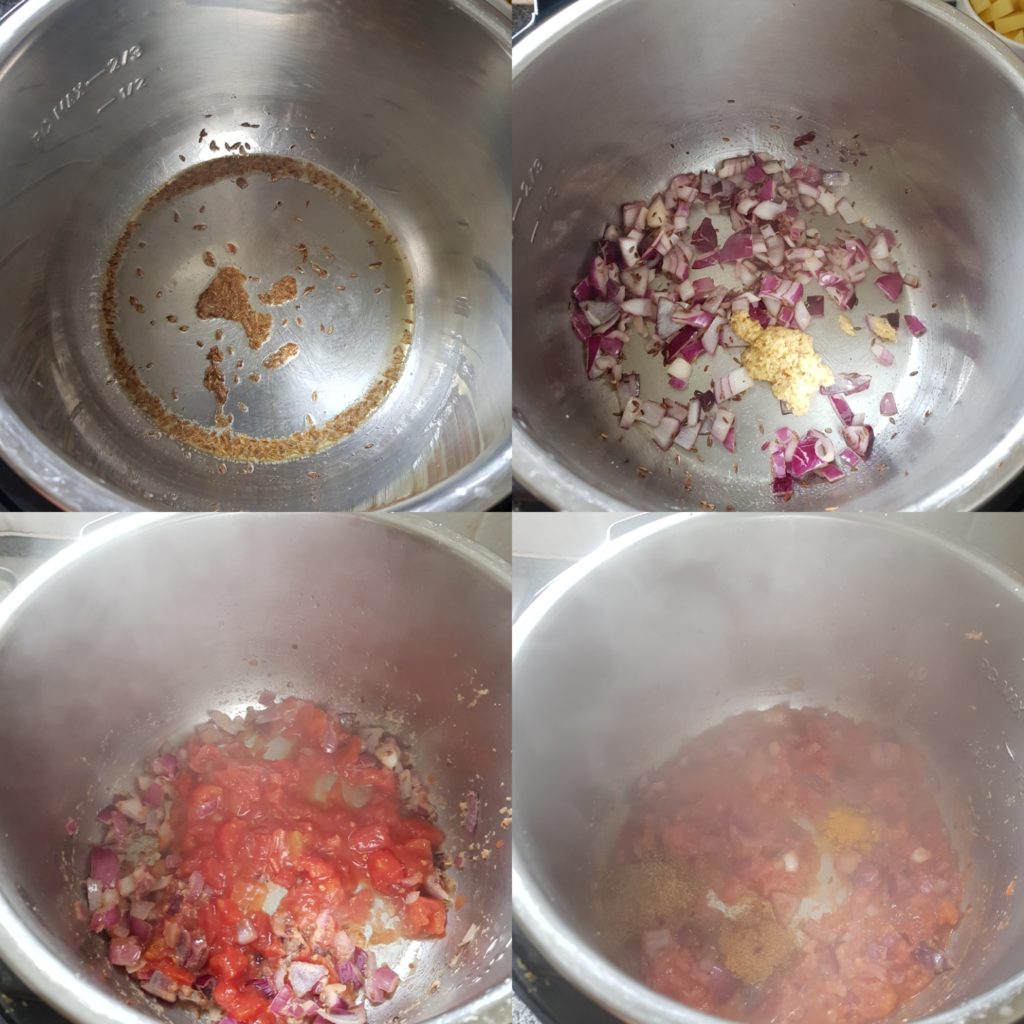 a series of steps showing the process of making onion tomatoes masala for making aloo gobi