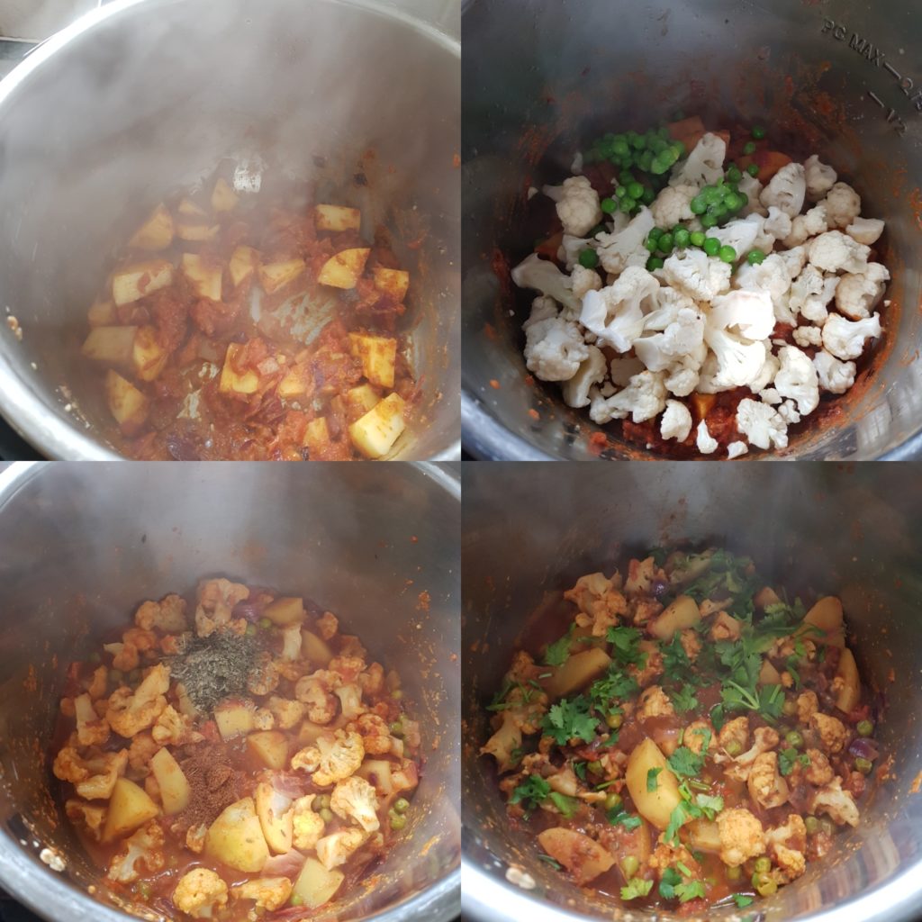 a series of photos showing the process of making aloo gobi