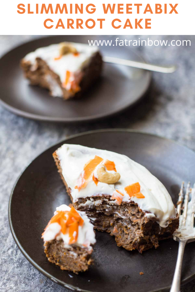 a slice of weetabix carrot cake served on a plate and fork