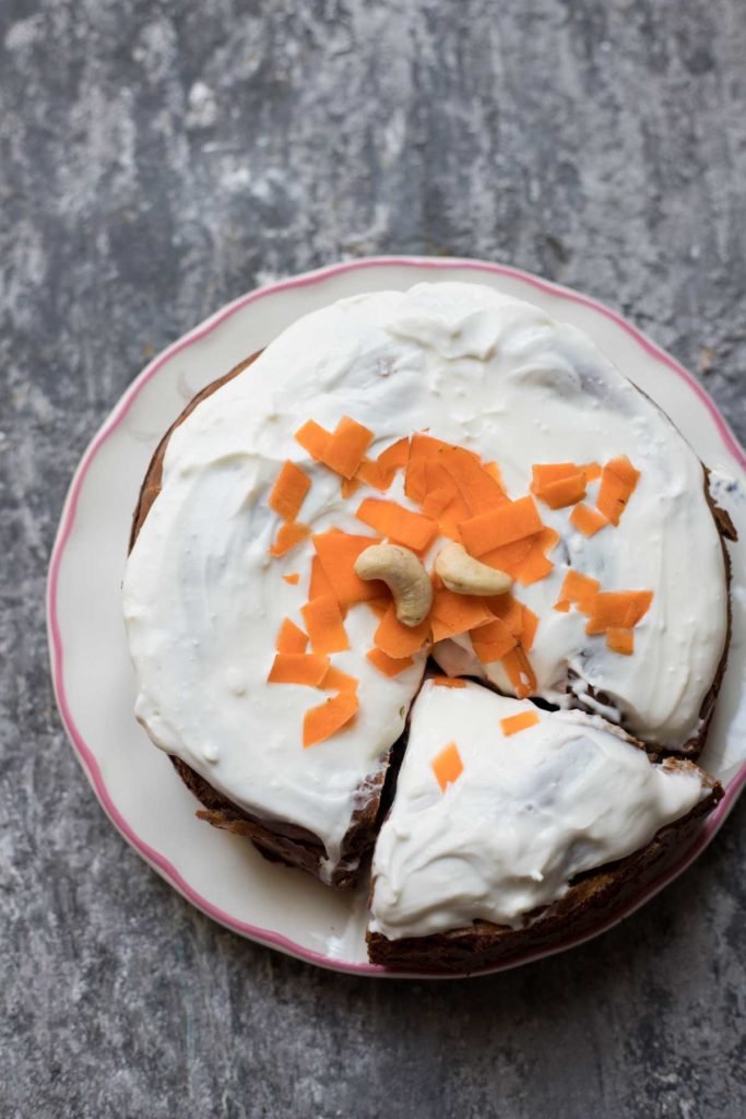 sliced weetabix carrot cake served on a plate 