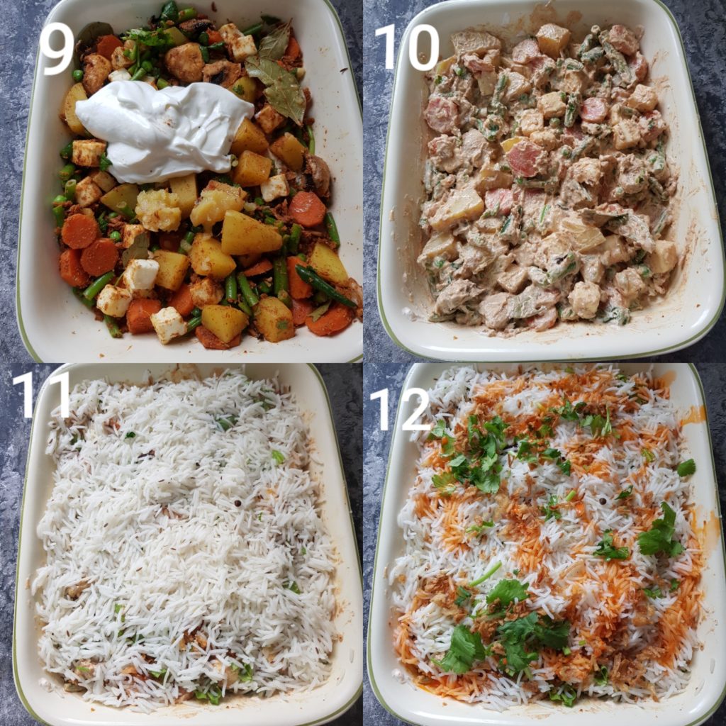 a series of photos showing marination of vegetables and layering dum for biryani