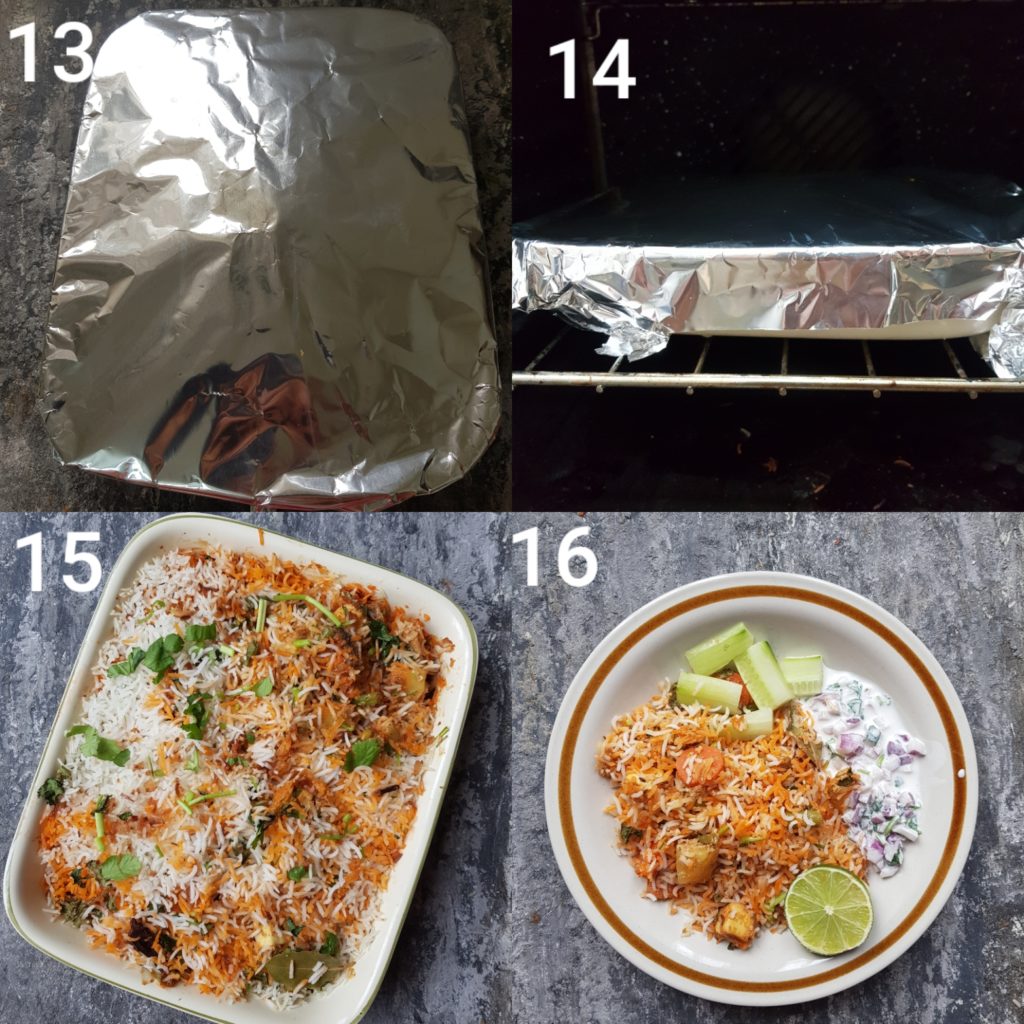 a series of photos showing how to cover dish with a foil and place in oven
