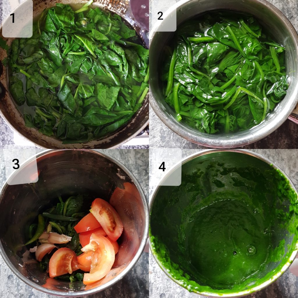 a series of photos showcasing blanching and pureeing spinach for palak paneer recipe