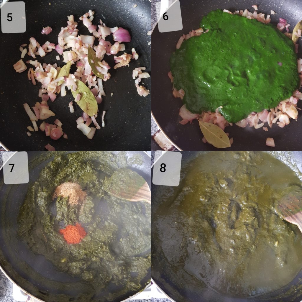 a series of photos showcasing sauting onions, pureed spinach for making mushroom palak paneer recipe