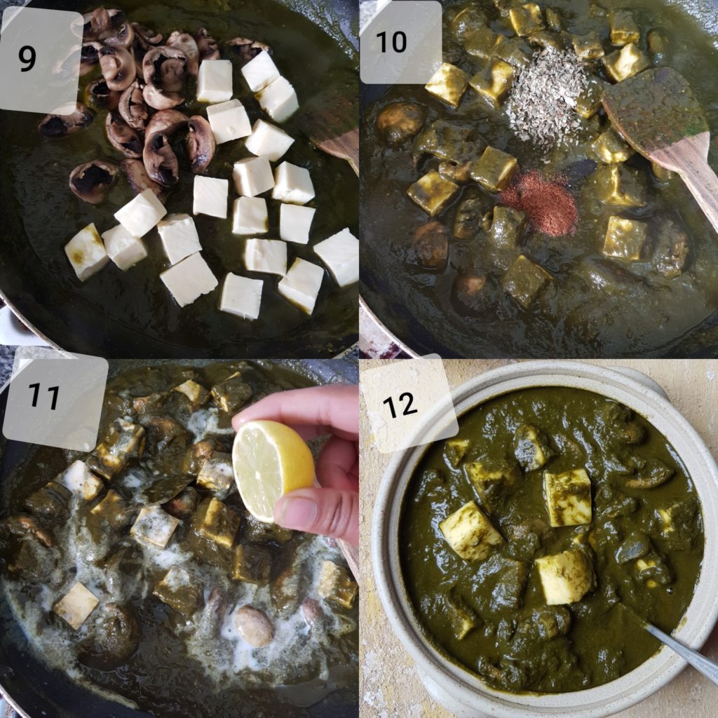 a series of photos demonstrating adding paneer, mushrooms,milk, lemon juice for making mushroom palak paneer recipe