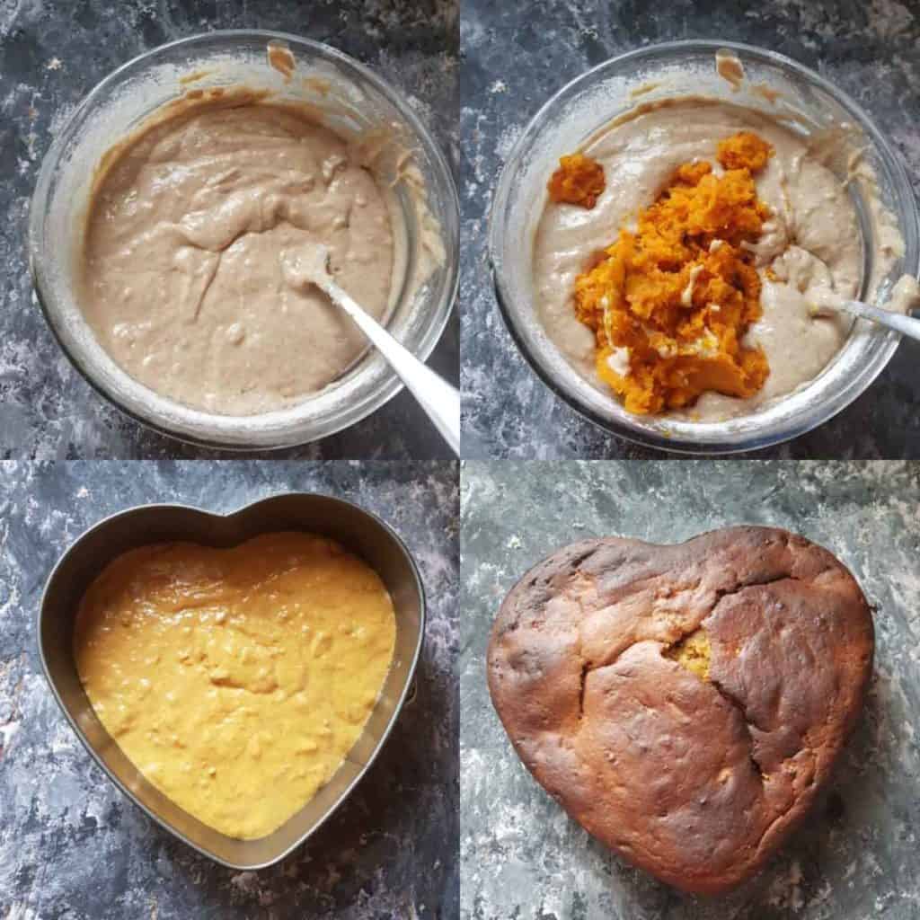 steps showing hw to make butternut squash cake