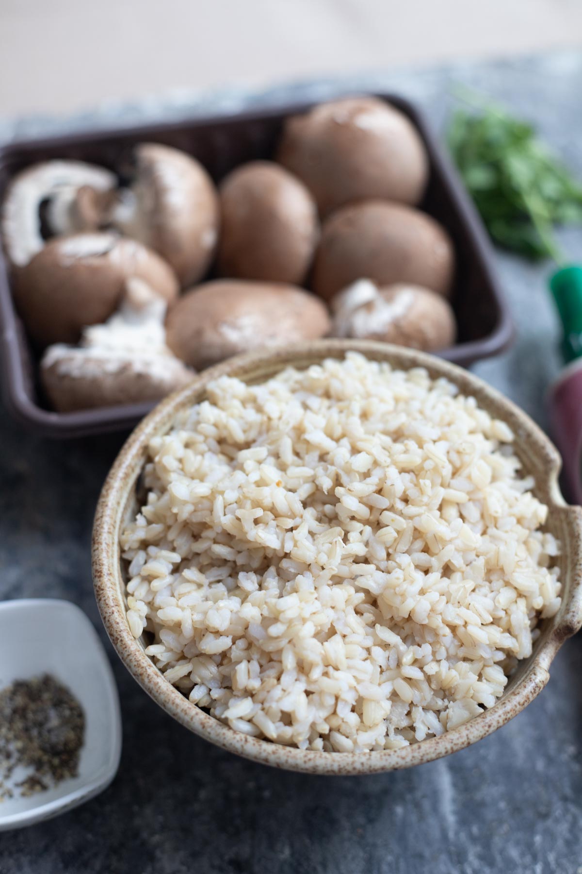 a bowl of brown rice and mushroom in the background