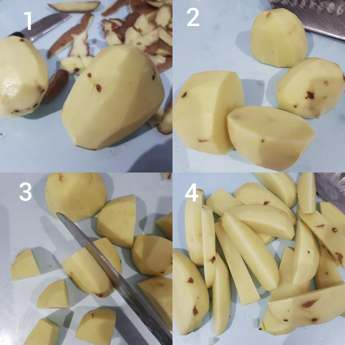 step by step collage for cutting potatoes into cubes and wedges