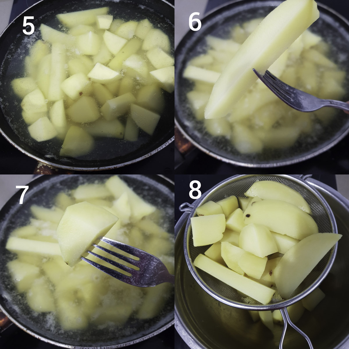 step by step instructions  collage for parboiling and testing potatoes