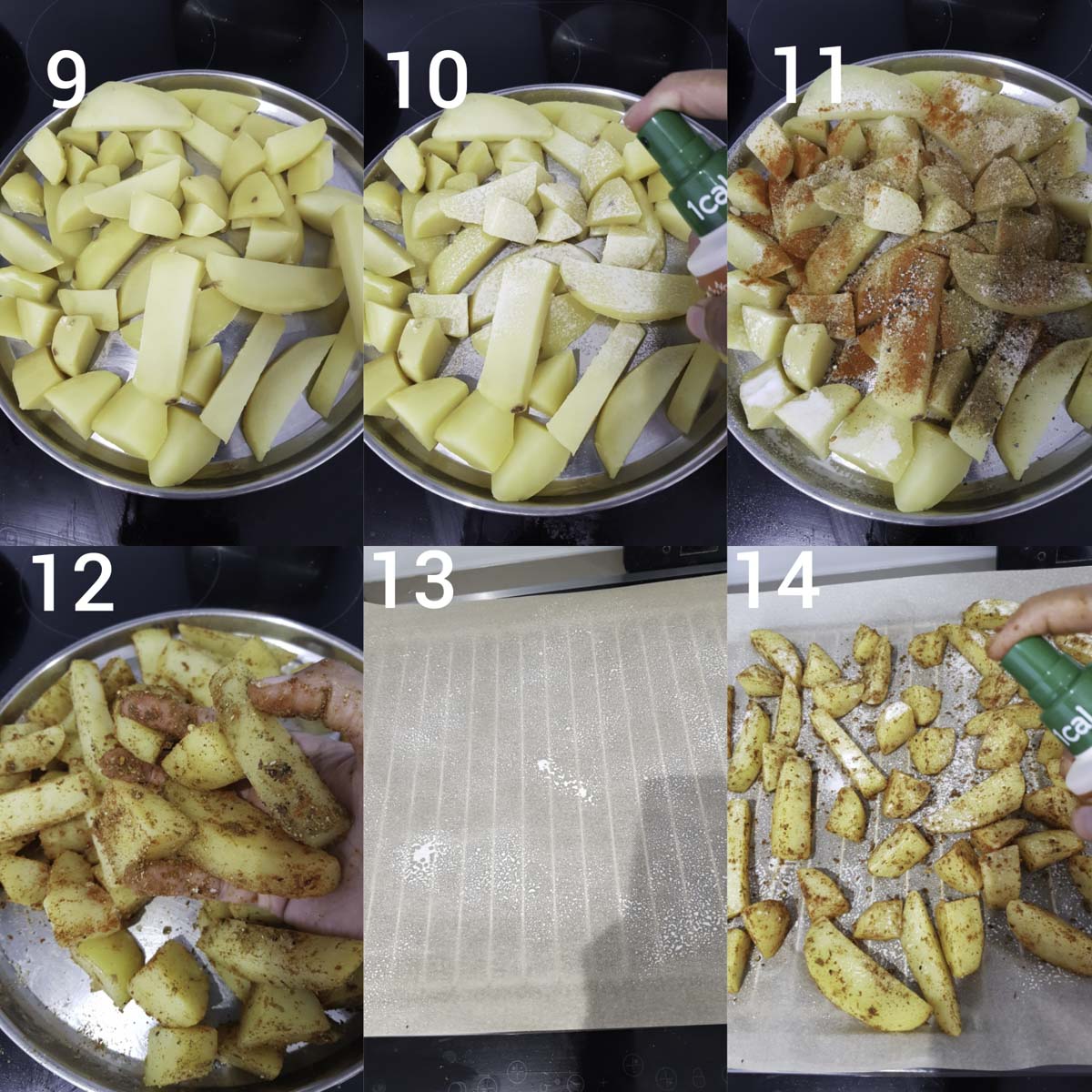 step by step instructions  collage for coating the potatoes with Moroccan spices and oil, arranging them in baking the potatoes