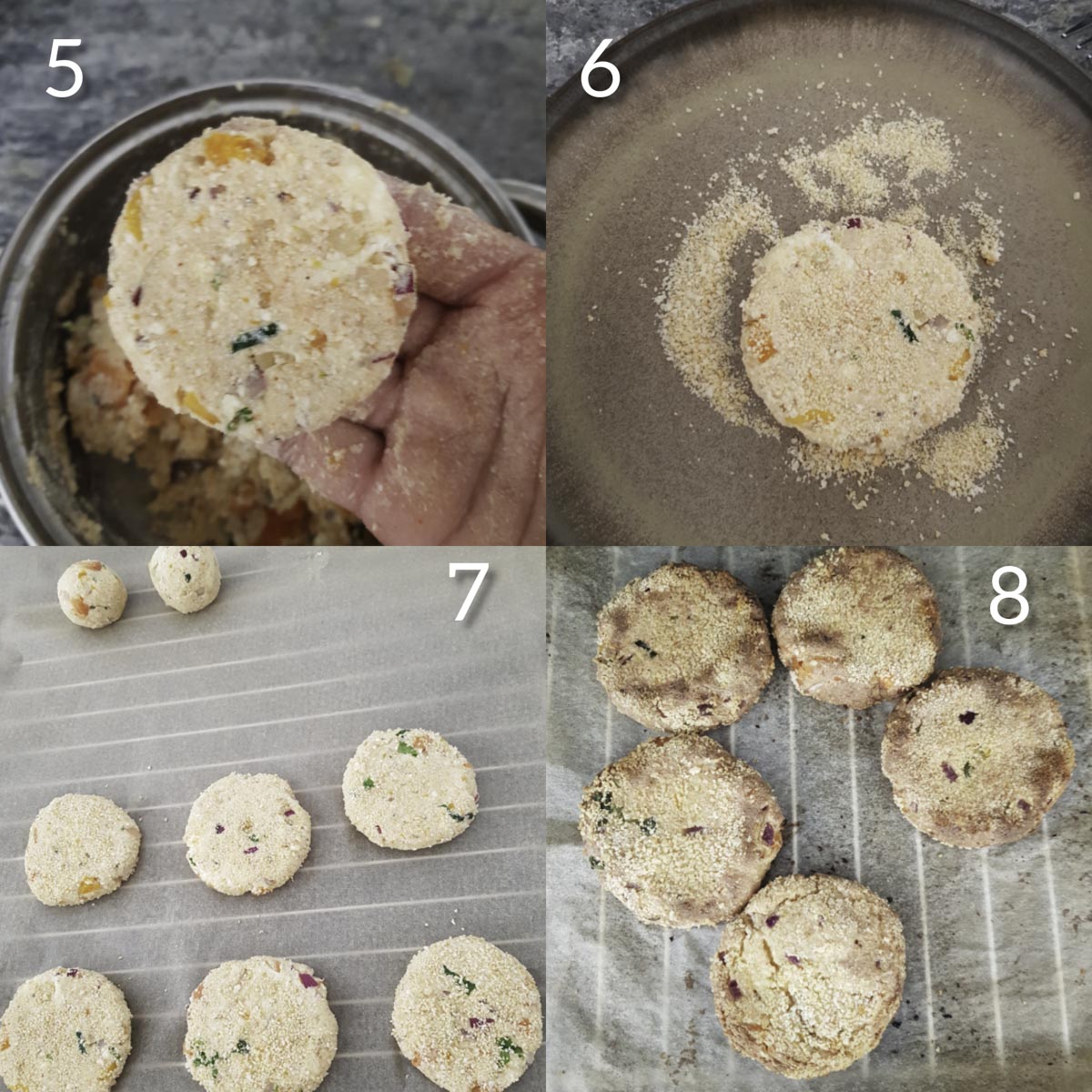 a collage of steps to roll and bake paneer cutlets