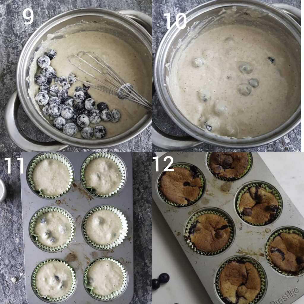 a collage of making blueberry muffin batter and batter scooped into lined tray and the baked muffins