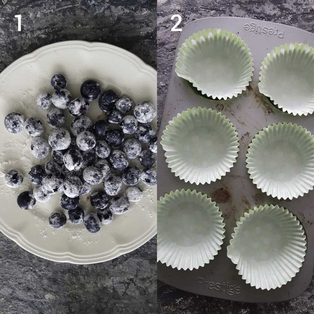 a collage of  corn starch coated blueberries and  line muffin tray