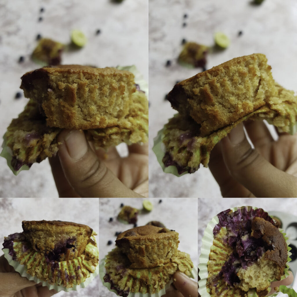 a hand holding lemon blueberry oatmeal muffin showing the texture of the muffin