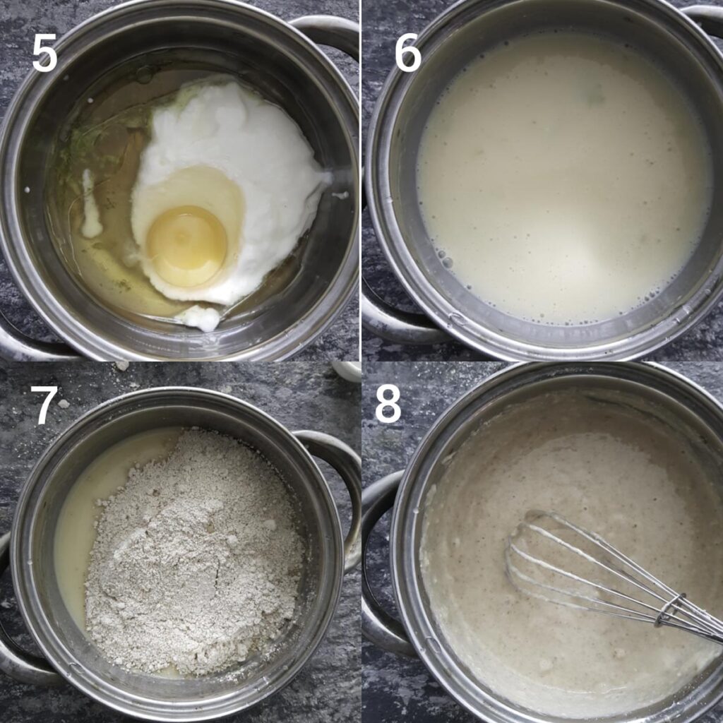 a collage of steps for making blueberry muffin batter