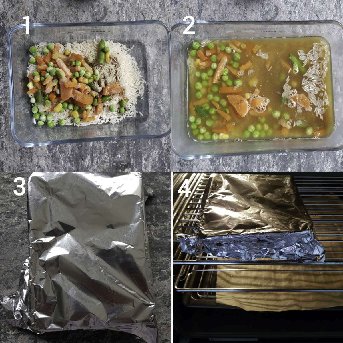 a collage of process steps for making baked fried rice