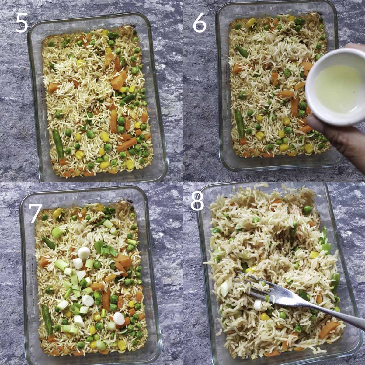 another collage of process steps for making and testing baked fried rice