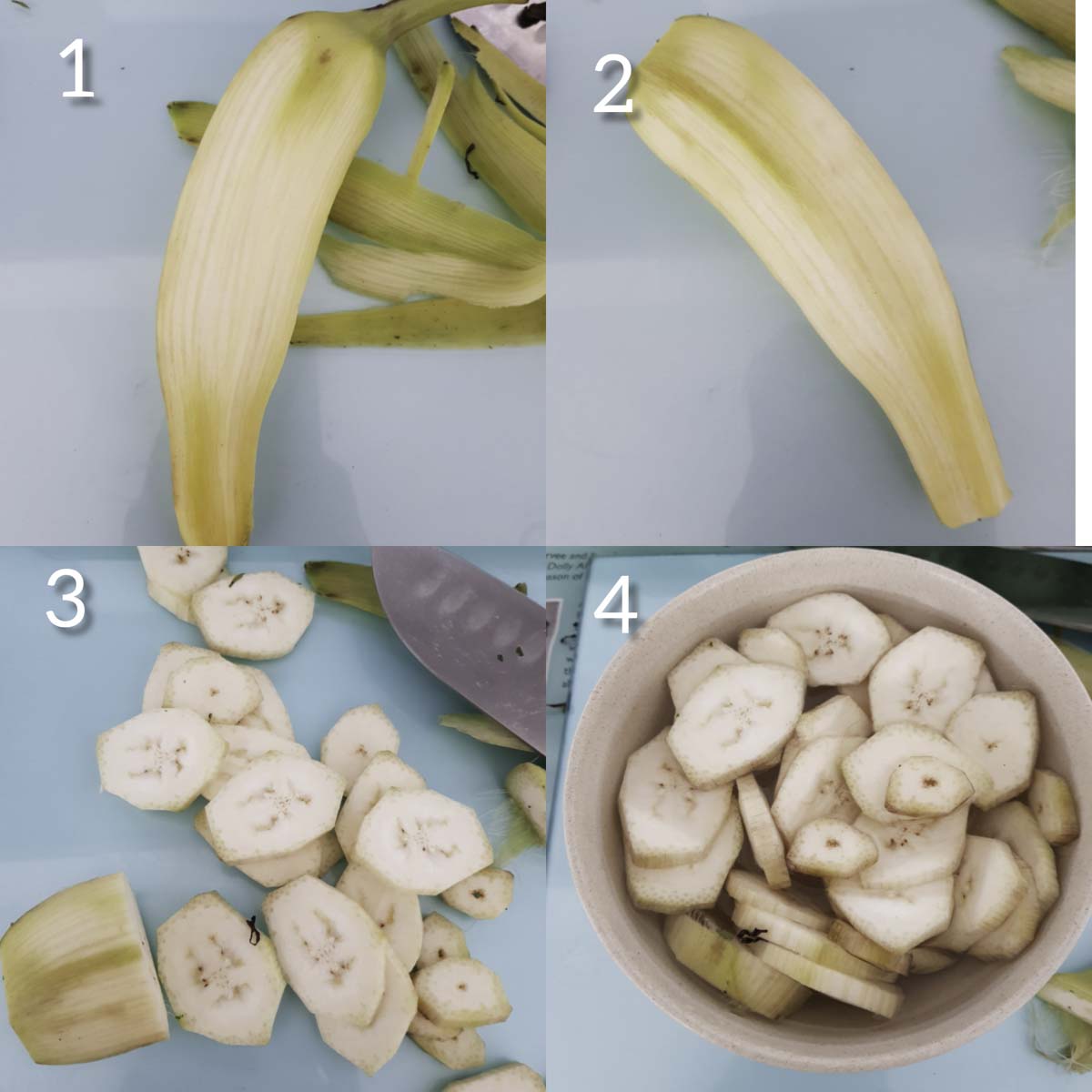 a collage of steps showing peeling ,slicing raw banana