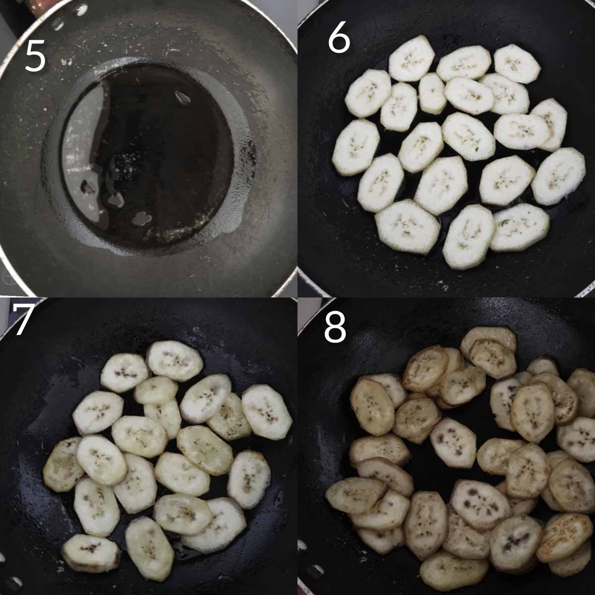 a collage of steps showing stir frying raw banana slices