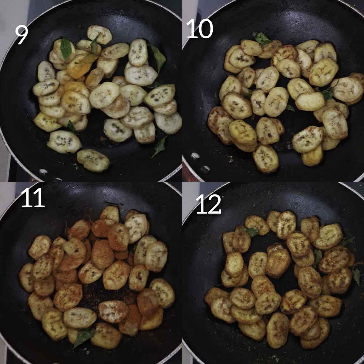 a collage of steps showing seasoning fried raw banana slices