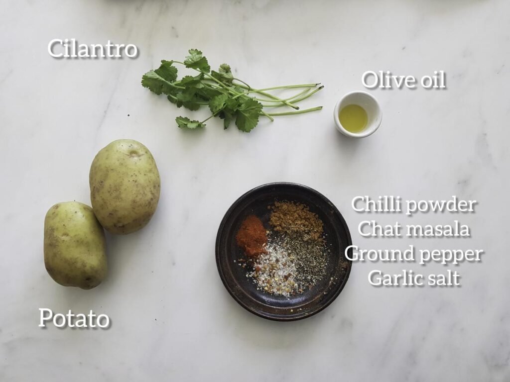 ingredients , potatoes, spices, olive oil, cilantro