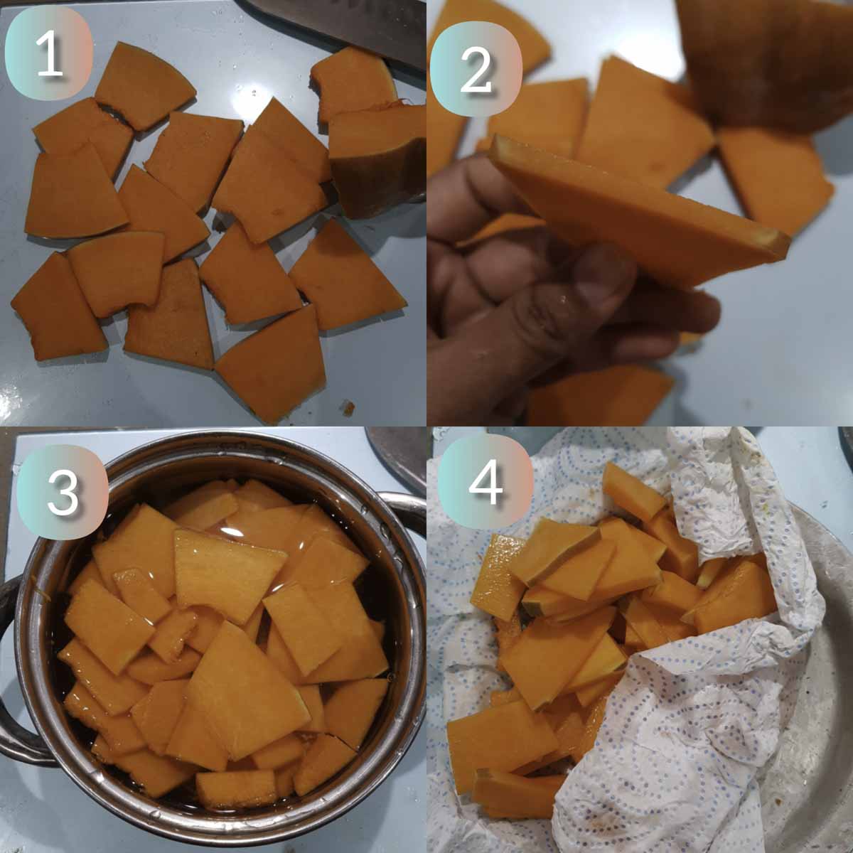 a collage showing how to slice pumpkin into thin slices