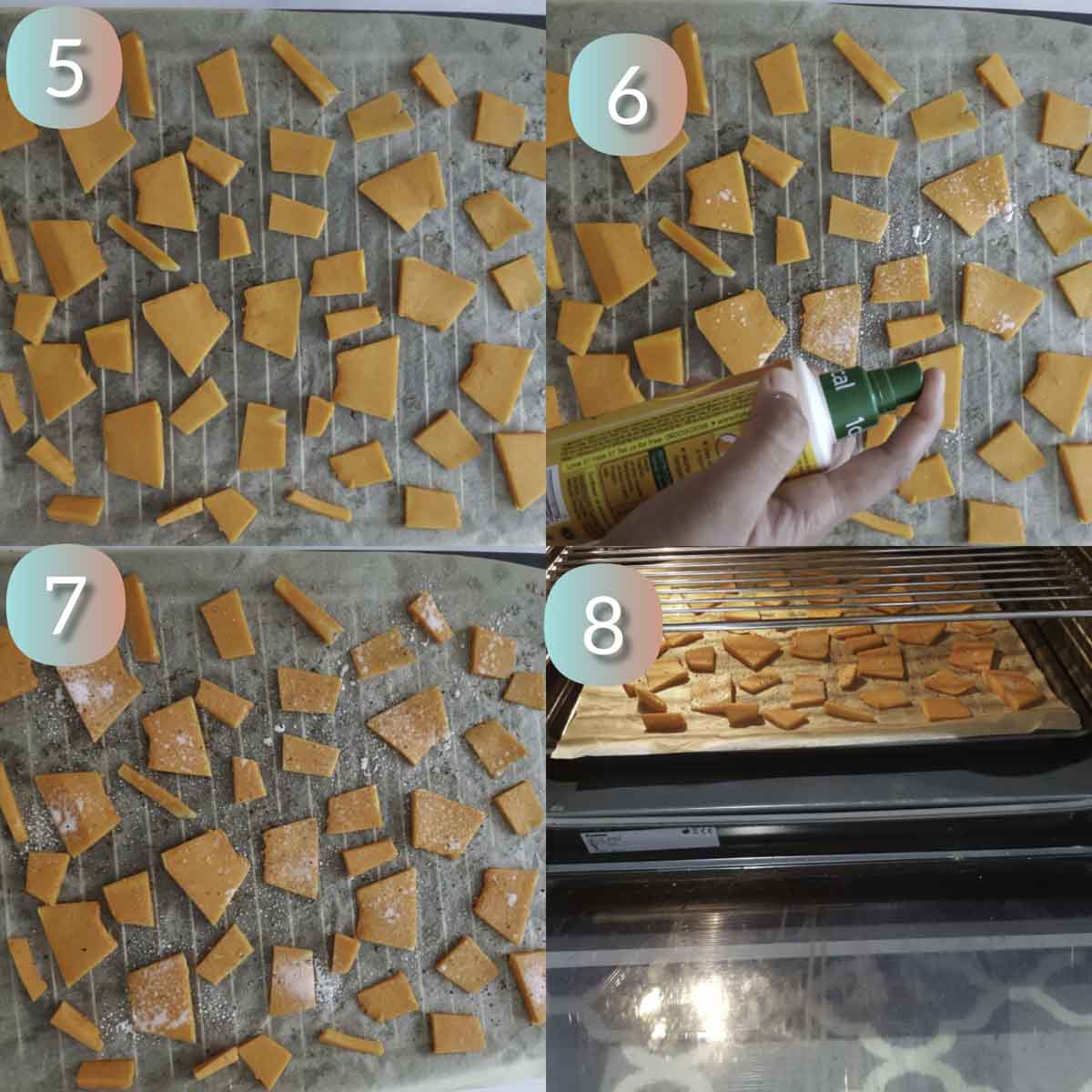 a collage showing lining pumpkin chips on a baking tray for baking