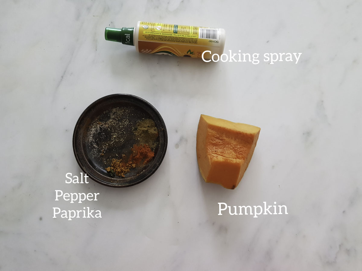 ingredients for pumpkin chips, pumpkin, oil spray, spices