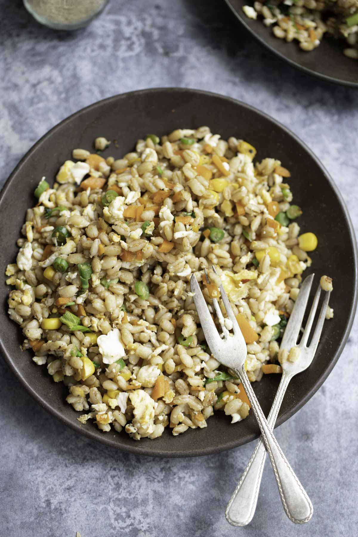 a plate of egg fried barley with two silver forks