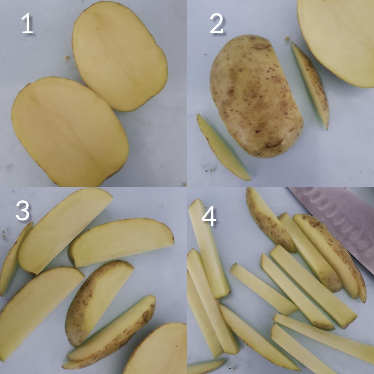 a collage of steps showing how to cut potatoes into fries