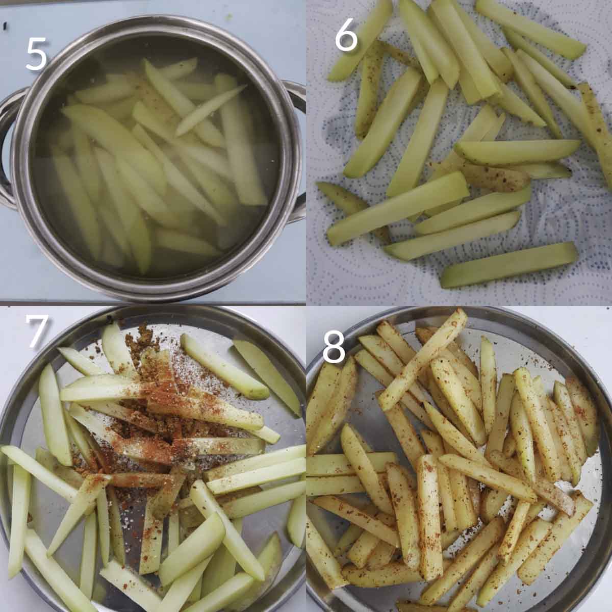 a collage of steps showing how to coat spices to the par boiled fries