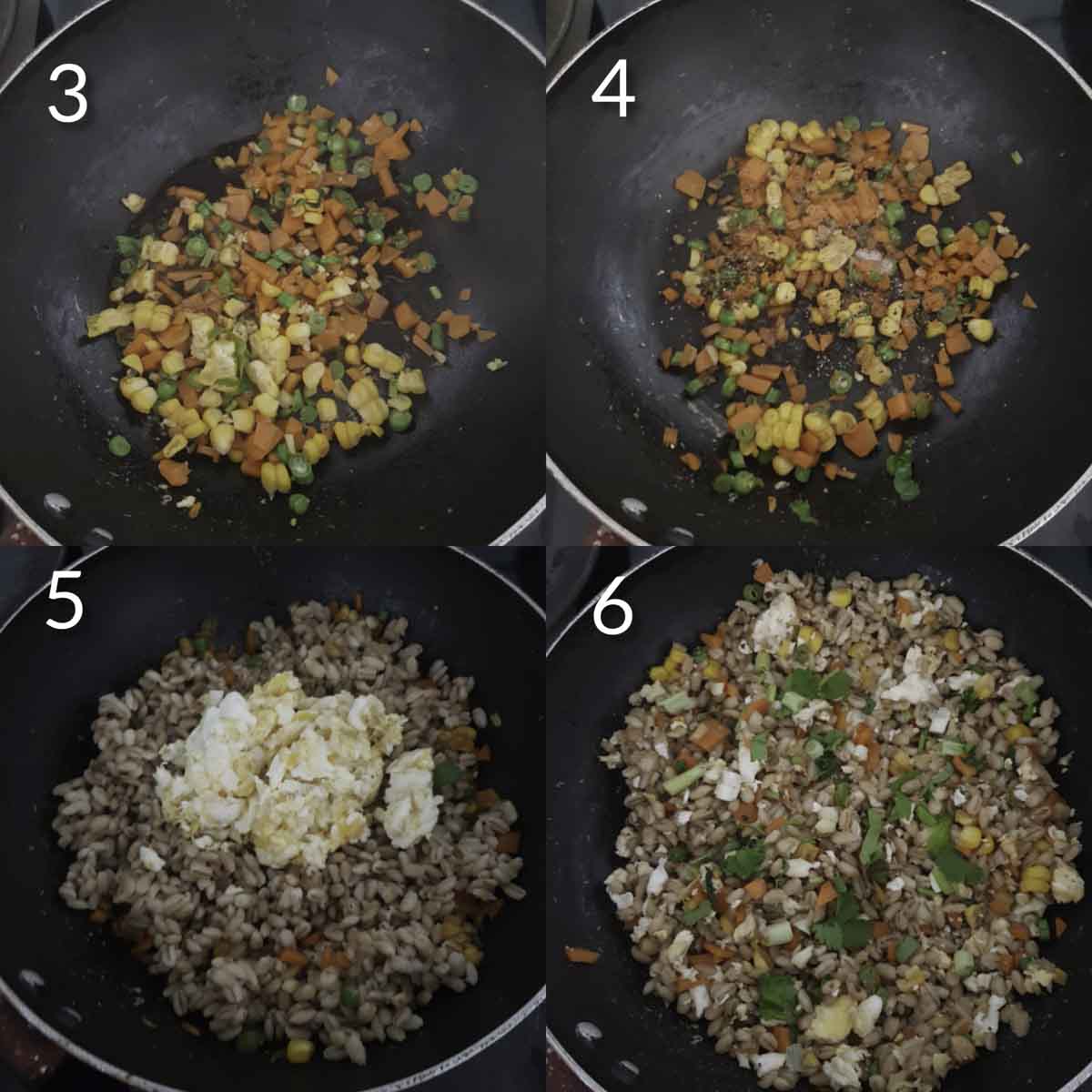 a collage of steps showing sautéing veggies and making barley egg fried rice