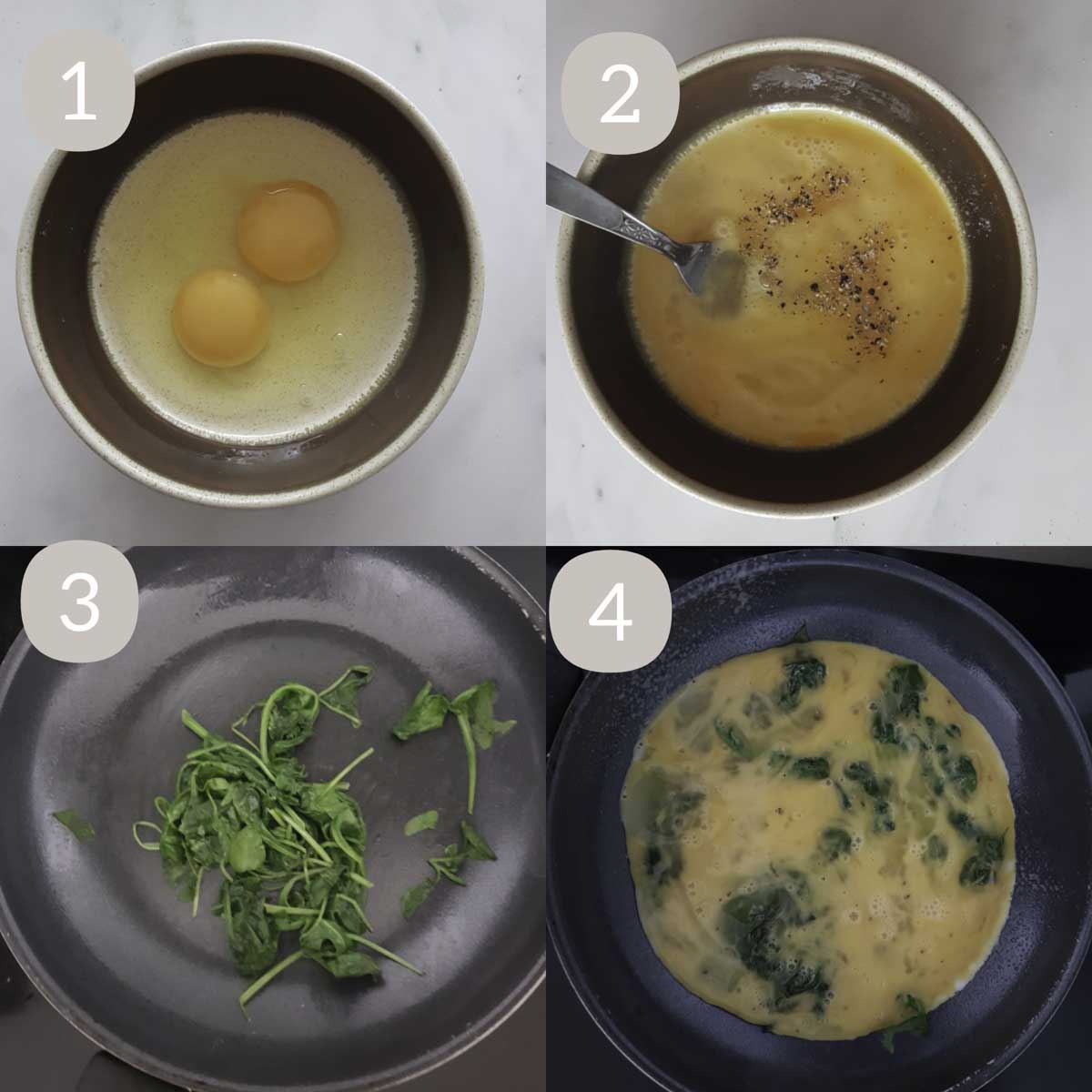 a collage of steps showcasing beating eggs, wilting spinach and pouring eggs 