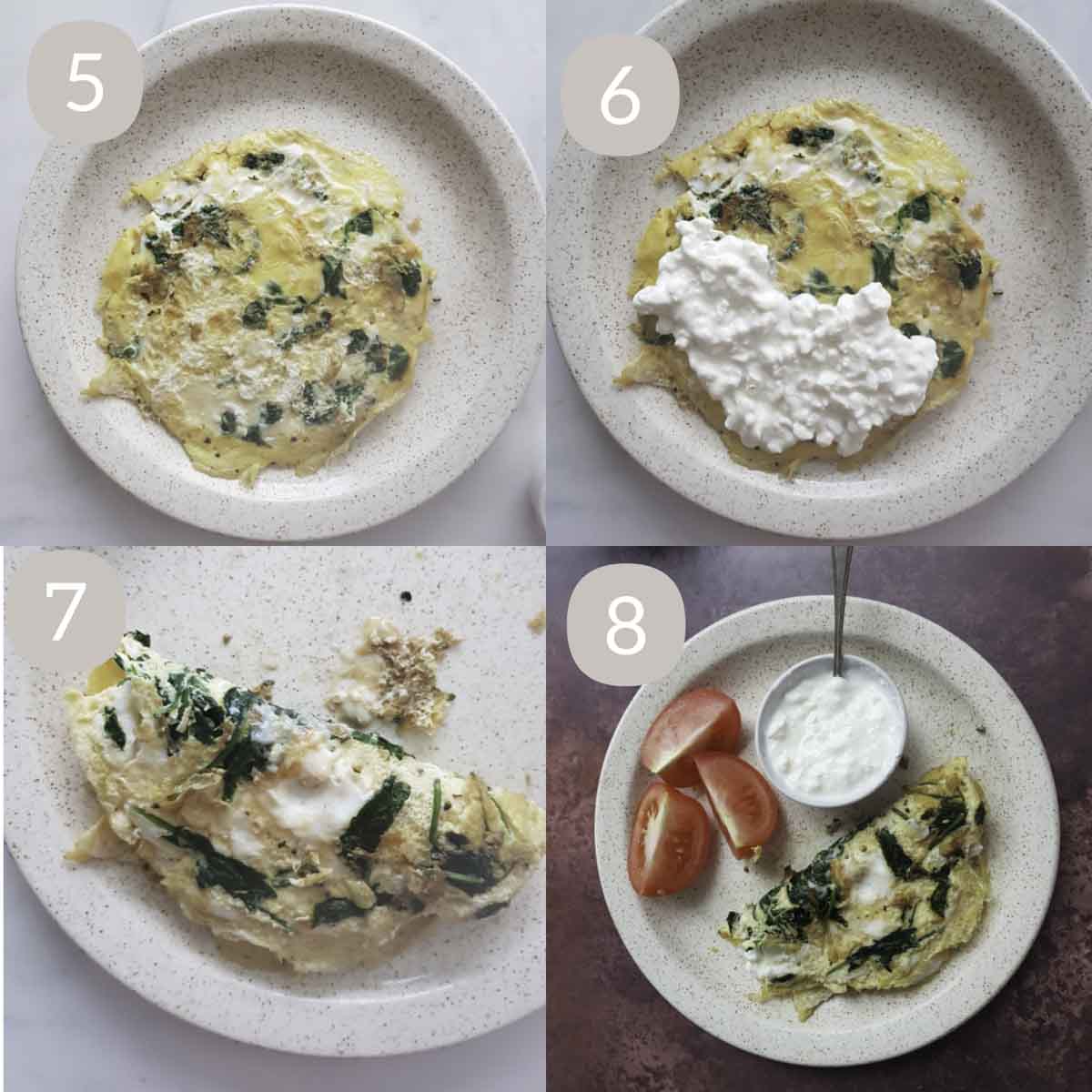 a collage of steps showing serving cottage cheese, spreading cottage cheese, folding omelette