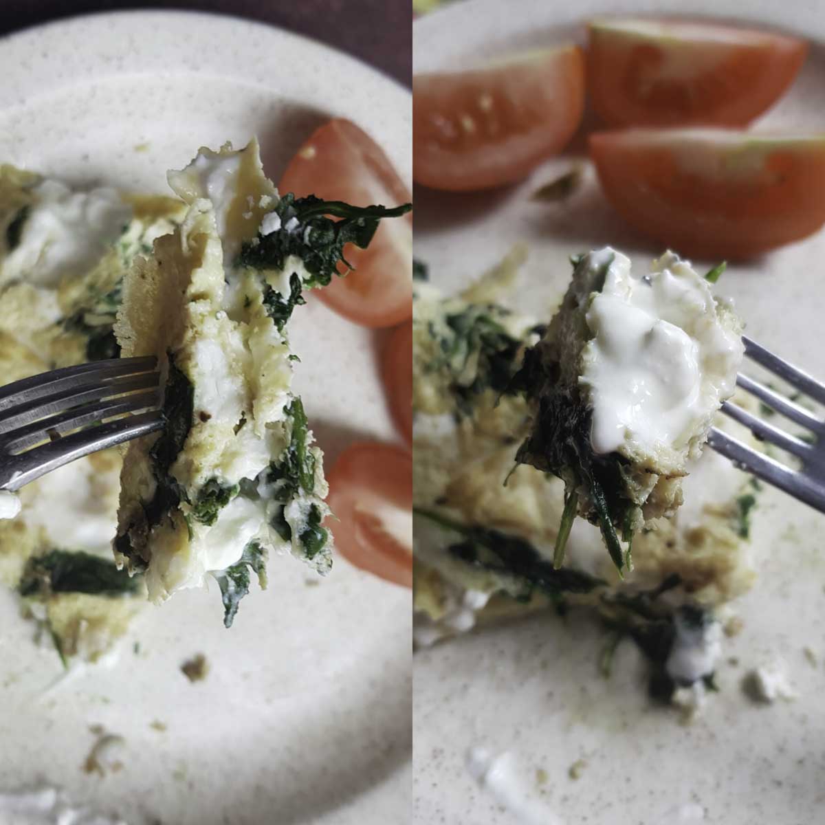 a collage showing a piece of cottage cheese omelette held with a fork