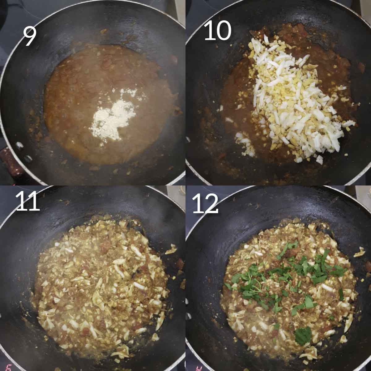 a collage of steps showing adding grated boiled egg to onion tomato mixture