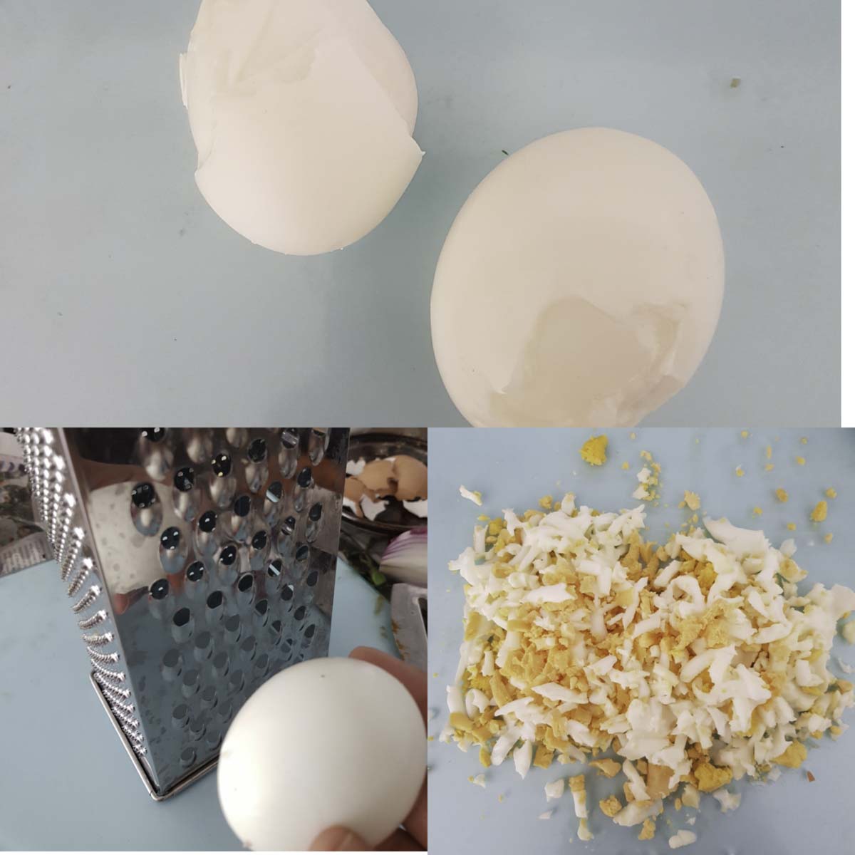 a collage of steps on how to grate boiled eggs