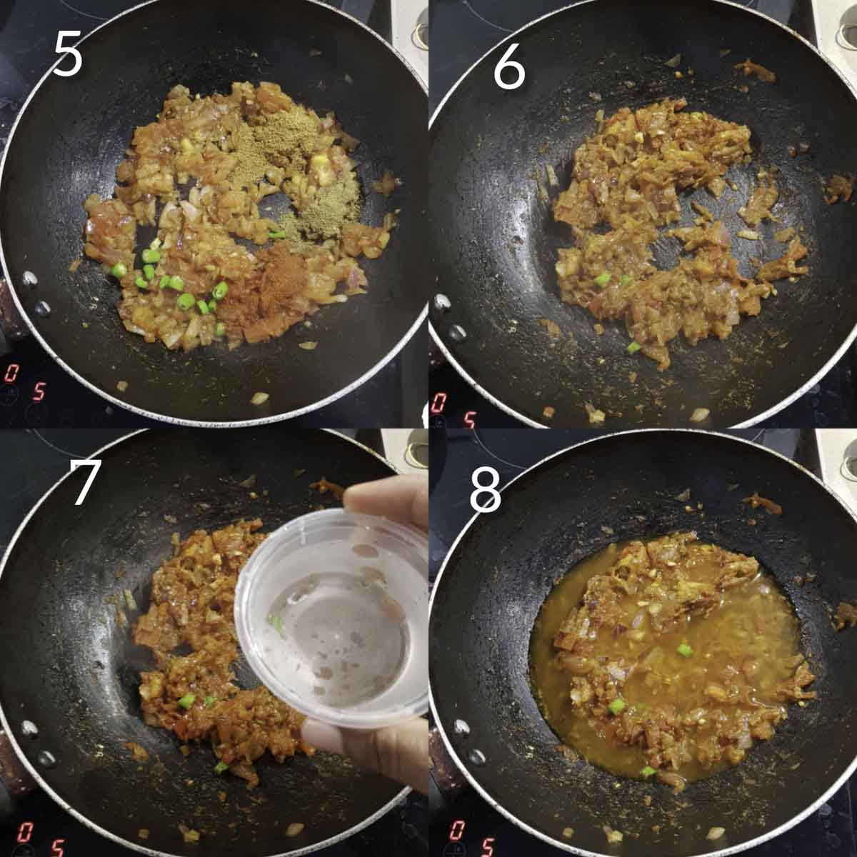 a collage of steps for making onion tomato base for egg keema